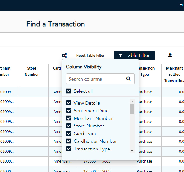 The Find a Transaction report with the Column Visibility popup shown